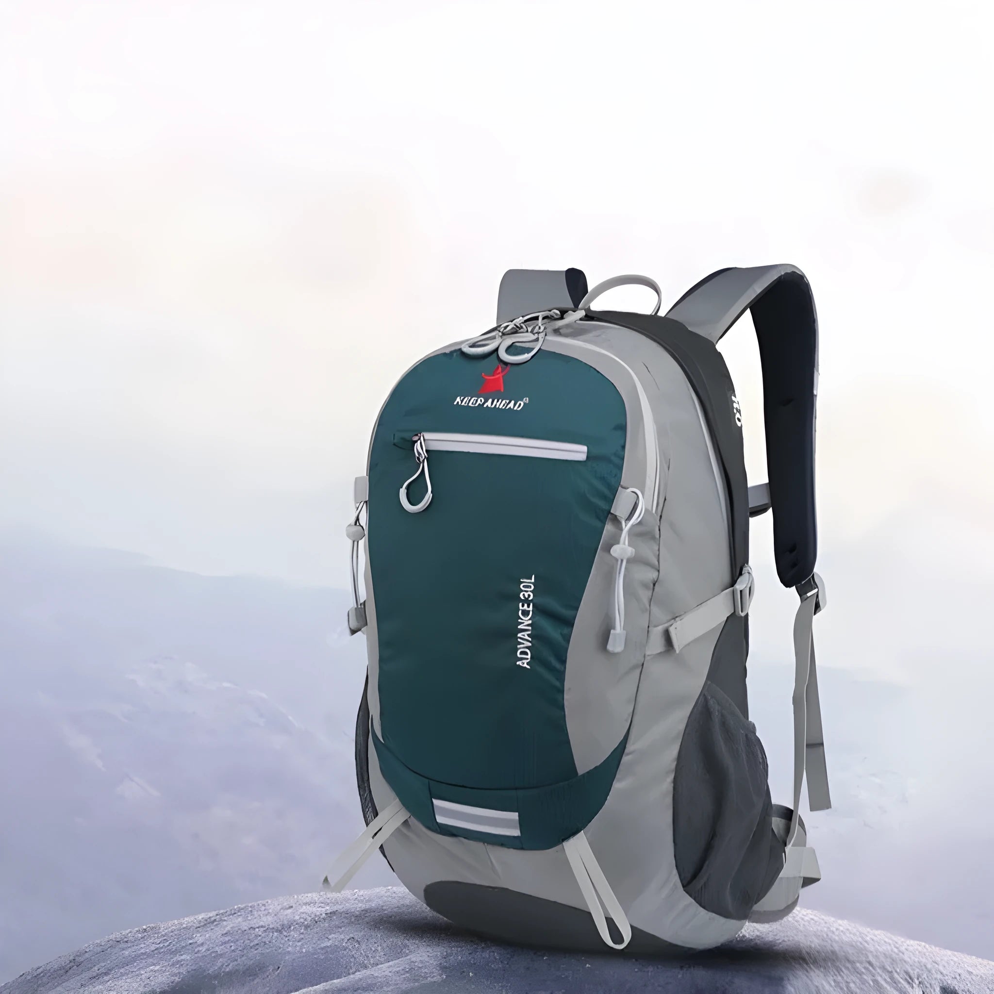Nylon waterproof 30L backpack with air pillow straps, solid colour design, available in dark green, black, blue, gray, red