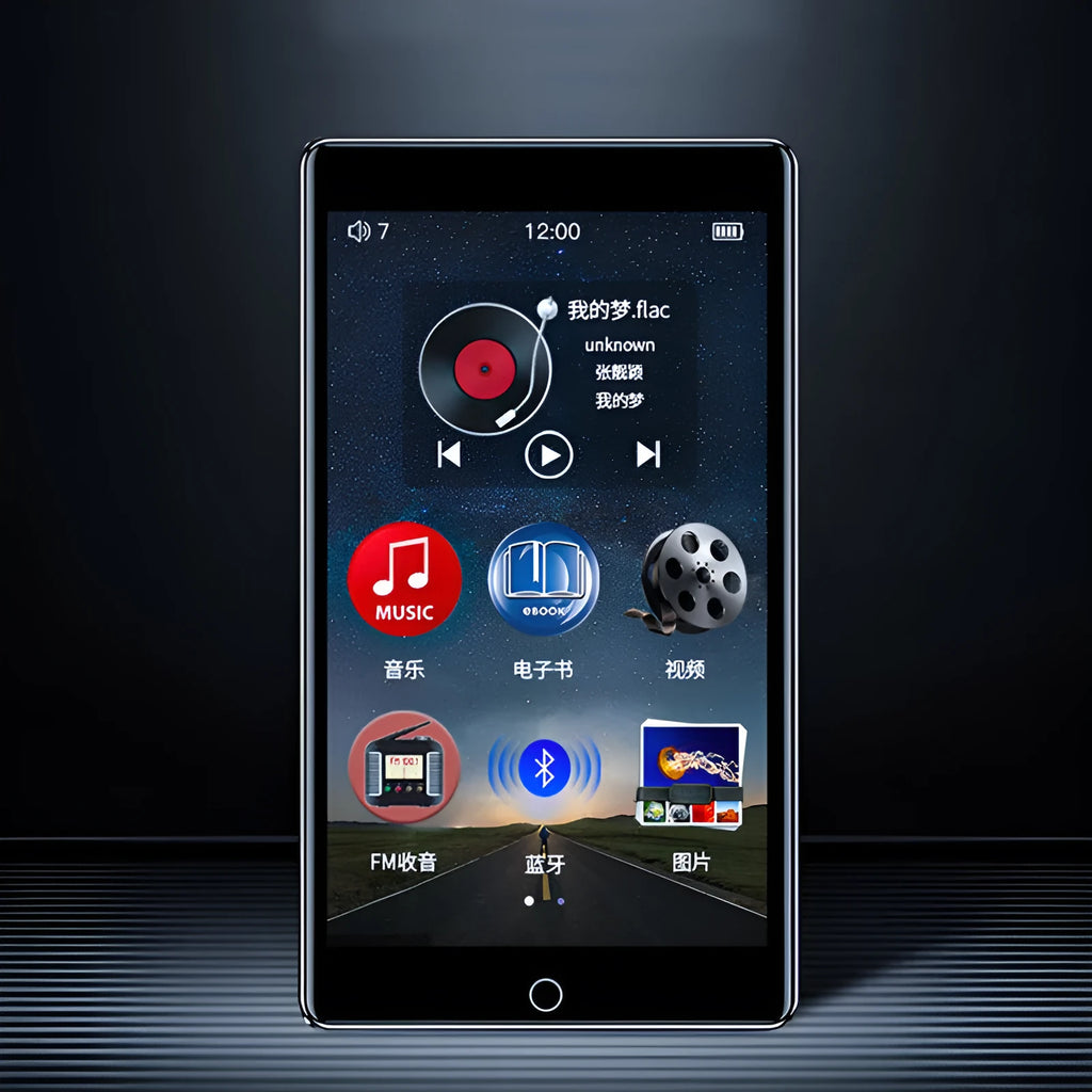 Black Ruizu H1 slim MP3 MP4 player with 4-inch touch screen showing media playback interface.