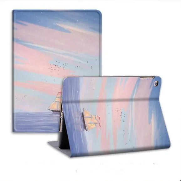 Silicone book-style iPad cover with dreamy painting style sailing design, fits multiple iPad sizes
