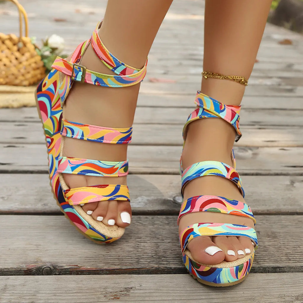 Women's buckle wedge sandals with PU upper and rubber sole in a neutral colour, fish-mouth toe, available in sizes 35-42