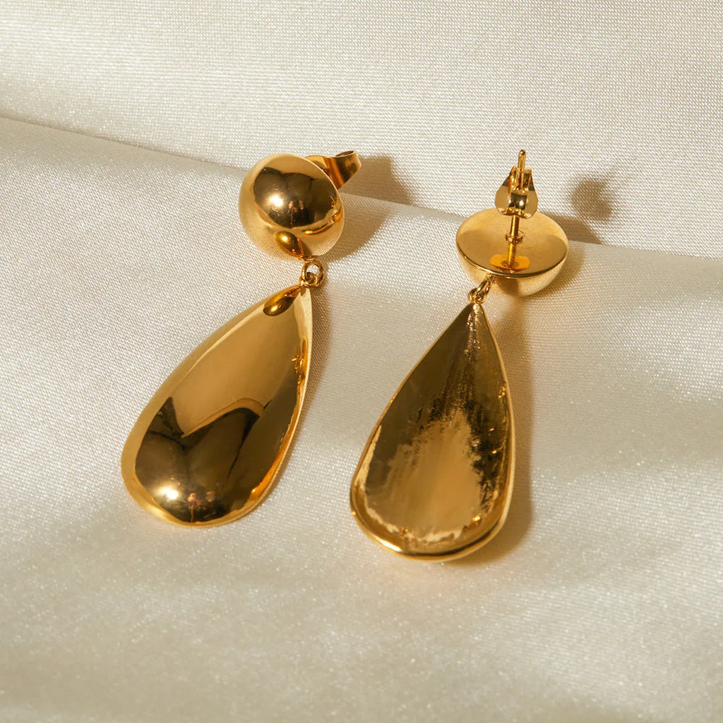 Gold electroplated stainless steel hemisphere water drop pendant earrings for women