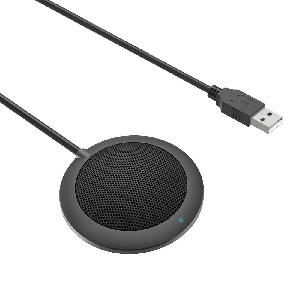 360 degree omnidirectional USB microphone in black, zinc alloy shell with metal mesh cover, 70mm diameter