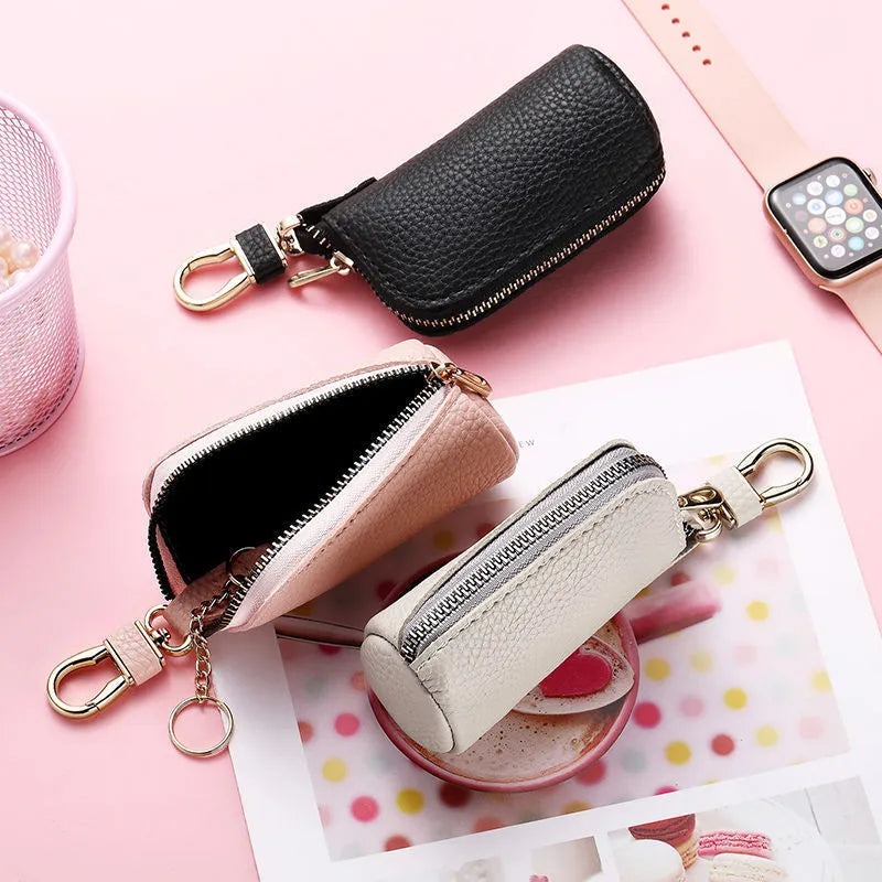 Men's waterproof PU zipper key case in black, grey, or pink macaron colours
