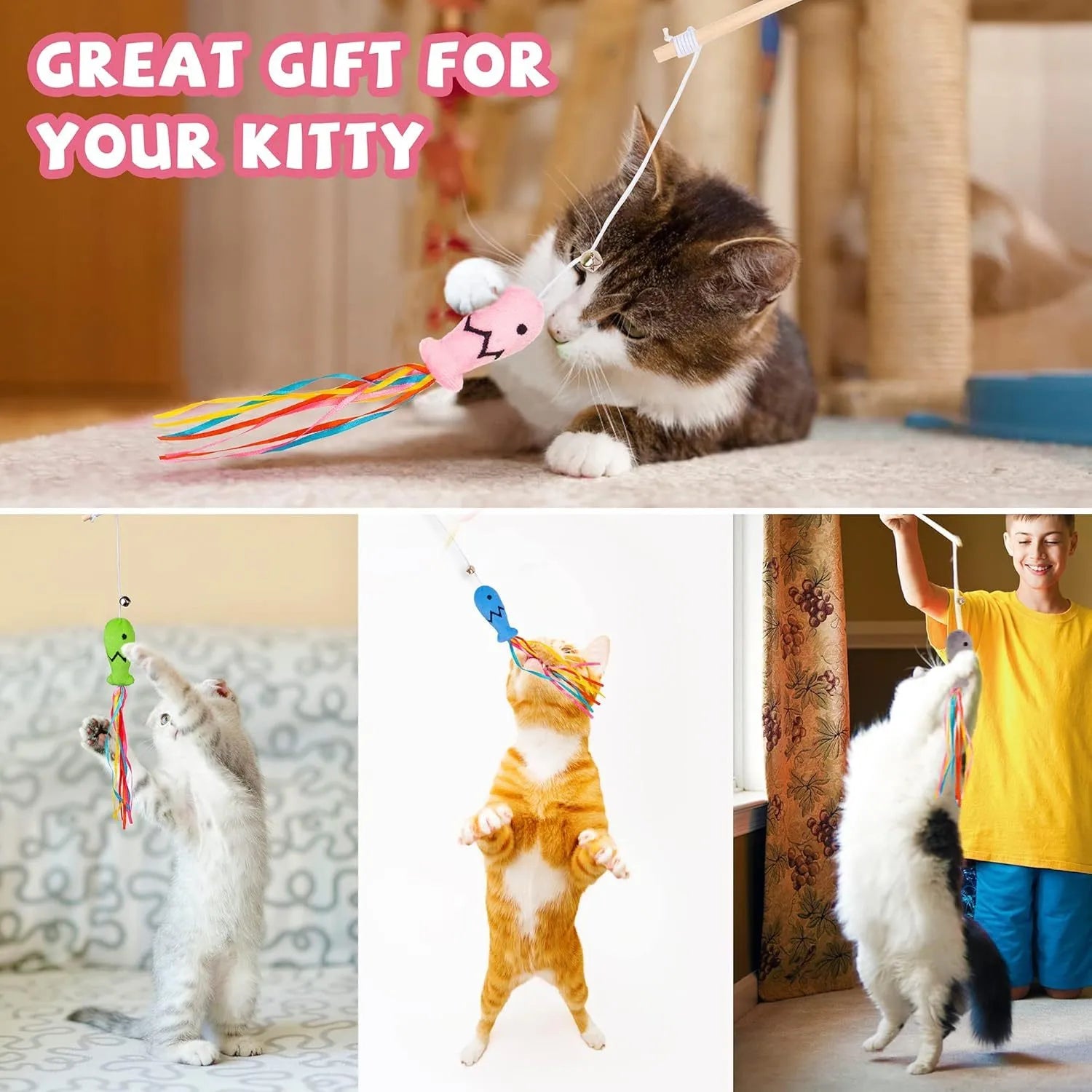 Colourful cat wand toy with wooden handle, elastic string, and a catnip fish with ribbons and a bell.