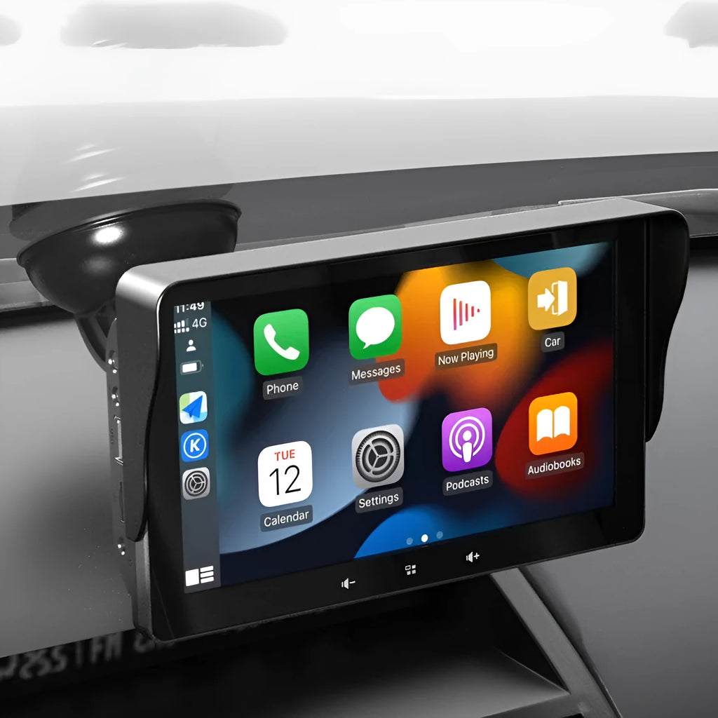 7-inch wireless CarPlay display with universal suction cup mount and cigarette lighter power adapter
