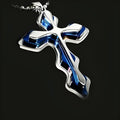 Men's three-tiered blue and black cross pendant necklace on 50cm round bead chain made of stainless steel titanium steel alloy