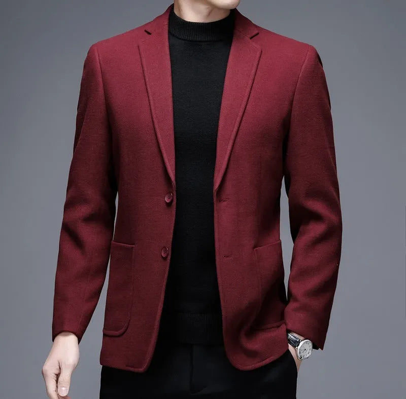Men's solid colour woolen casual jacket with loose fit and round hem in winter styling
