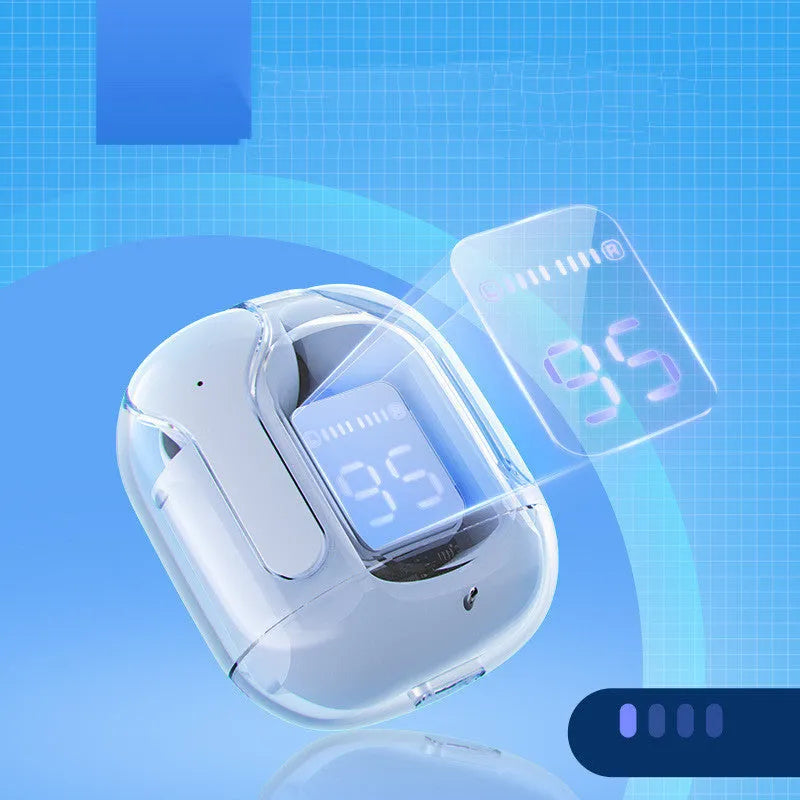 Mini LED display wireless Bluetooth headset with charging compartment in pink colour option