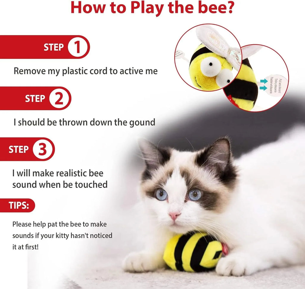 Yellow bee-shaped flannelette cat toy with electronic sound component for motion-activated chirping