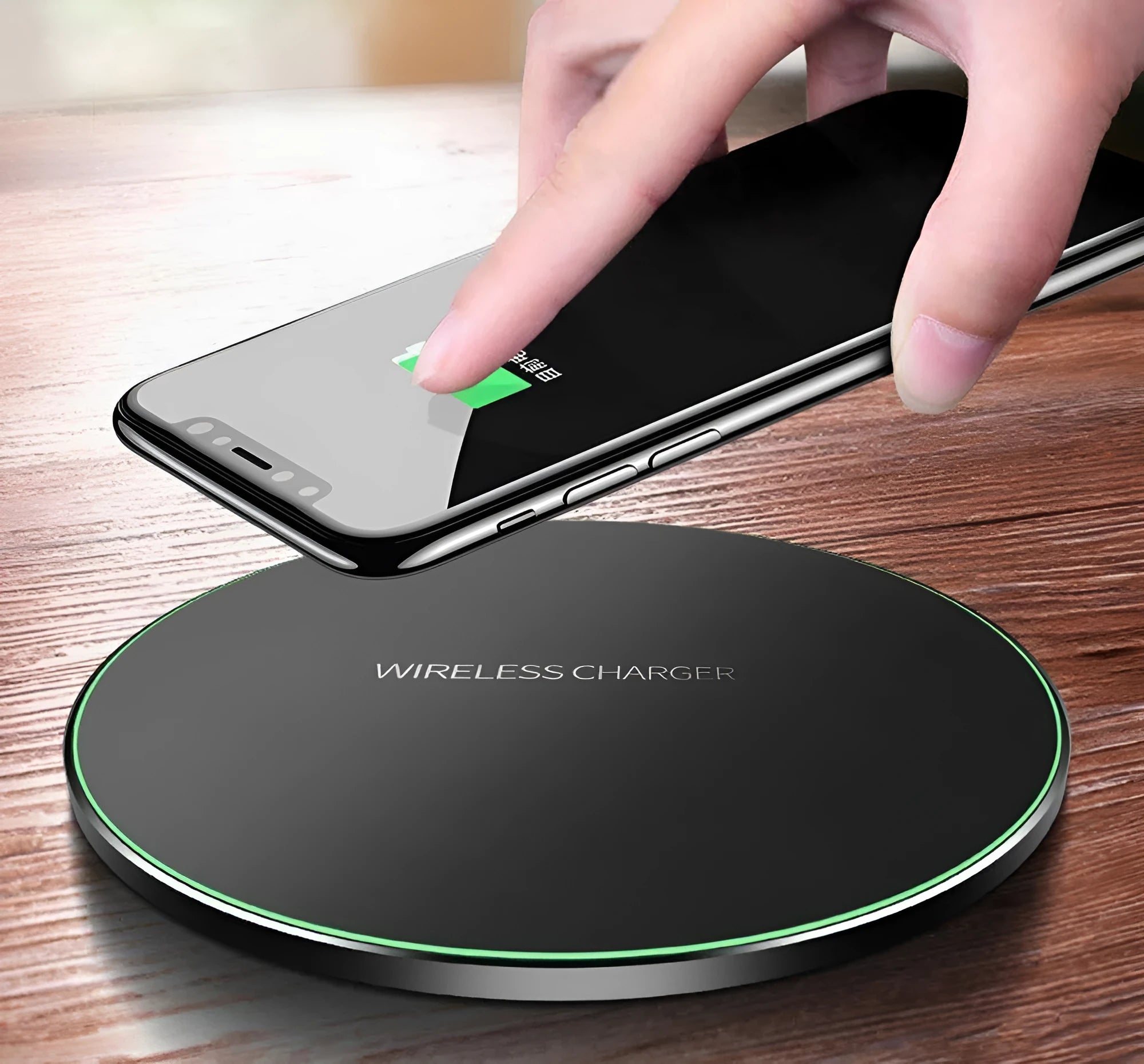 Black ultra-thin wireless fast charging base measuring 98mm square with 6.5mm thickness