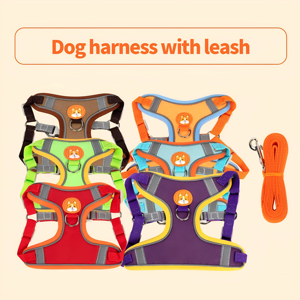 Adjustable anti-breaking loose vest dog harness with chest strap in multiple colours.