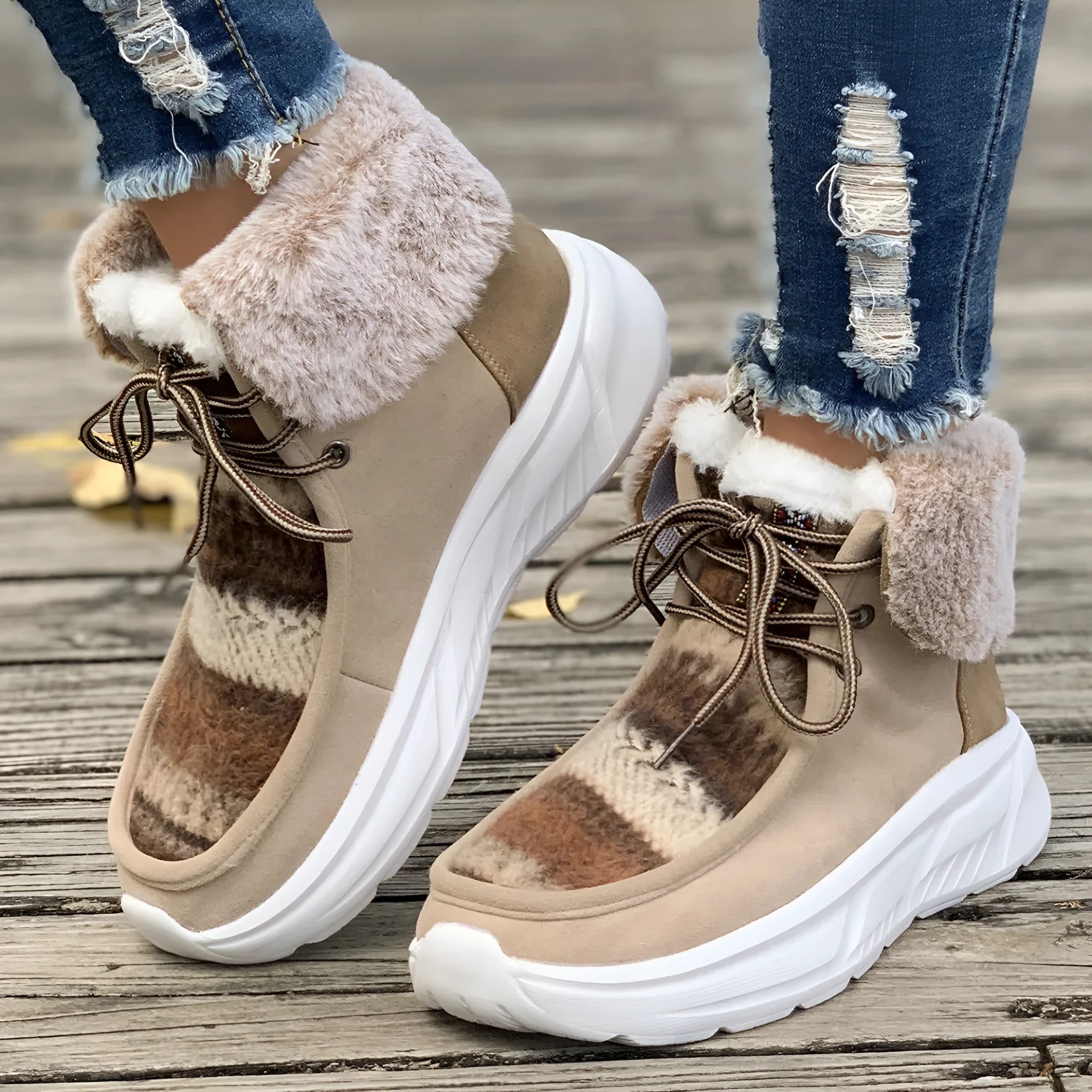 Women's beige suede lace-up snow boots with a thick rubber sole and plush lining on a white background.