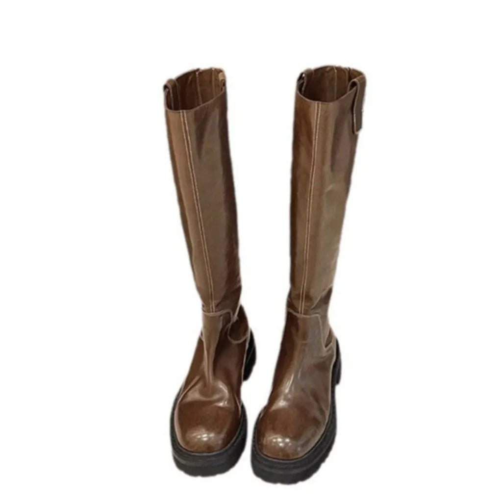 Round head chunky heel long tube knight boots in black, back zipper, microfiber upper, sizes 35-40