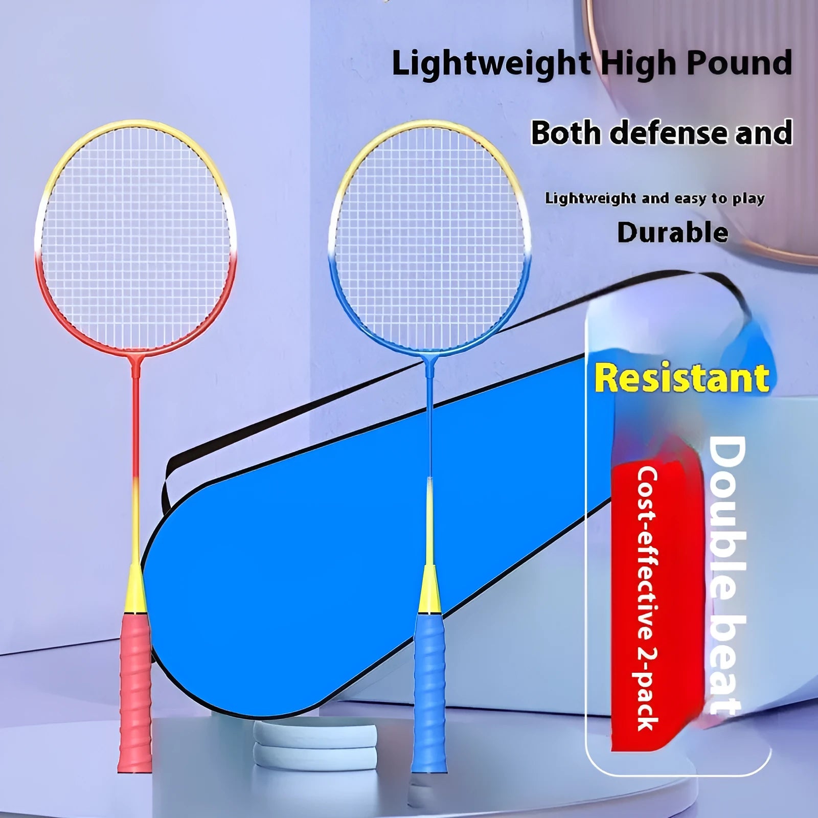 Pair of blue and red ultra-light alloy badminton rackets on a court