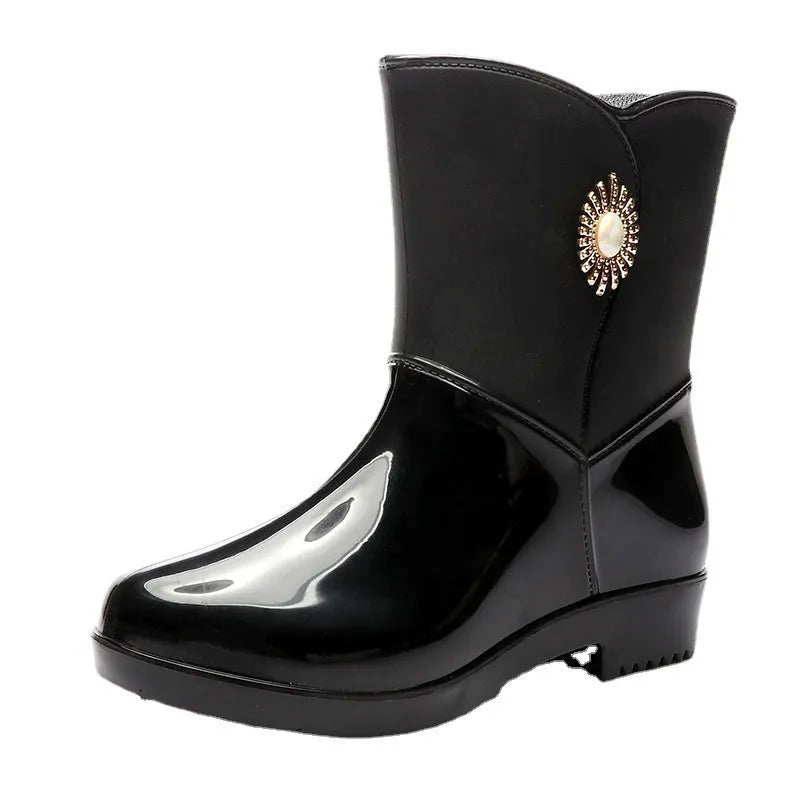 Women's middle tube rain boots with non-slip sole, thickened lining, available in beige black purple sizes 36-40
