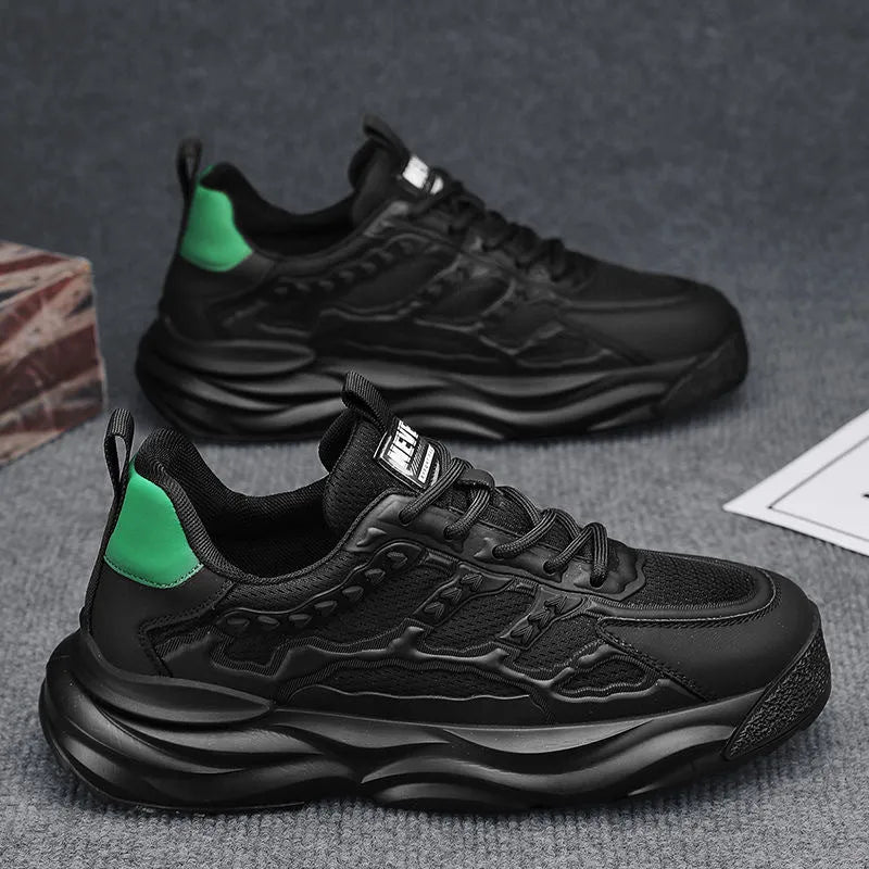 Men's white and black breathable mesh shoes with round toe design showing PU mesh upper construction