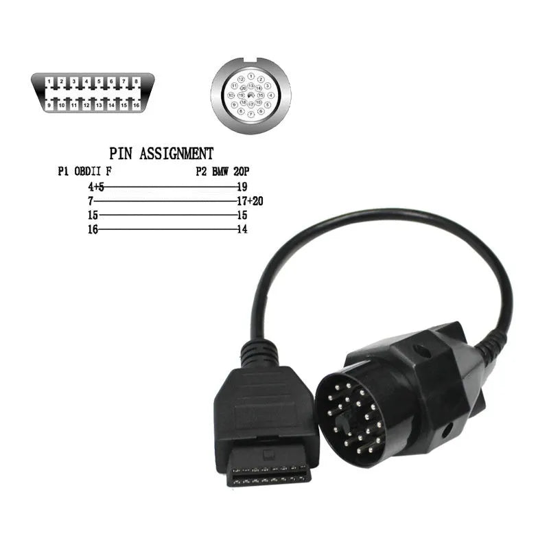 BMW OBD2 diagnostic connector cable converting 20-pin to 16-pin interface for vehicle diagnostics