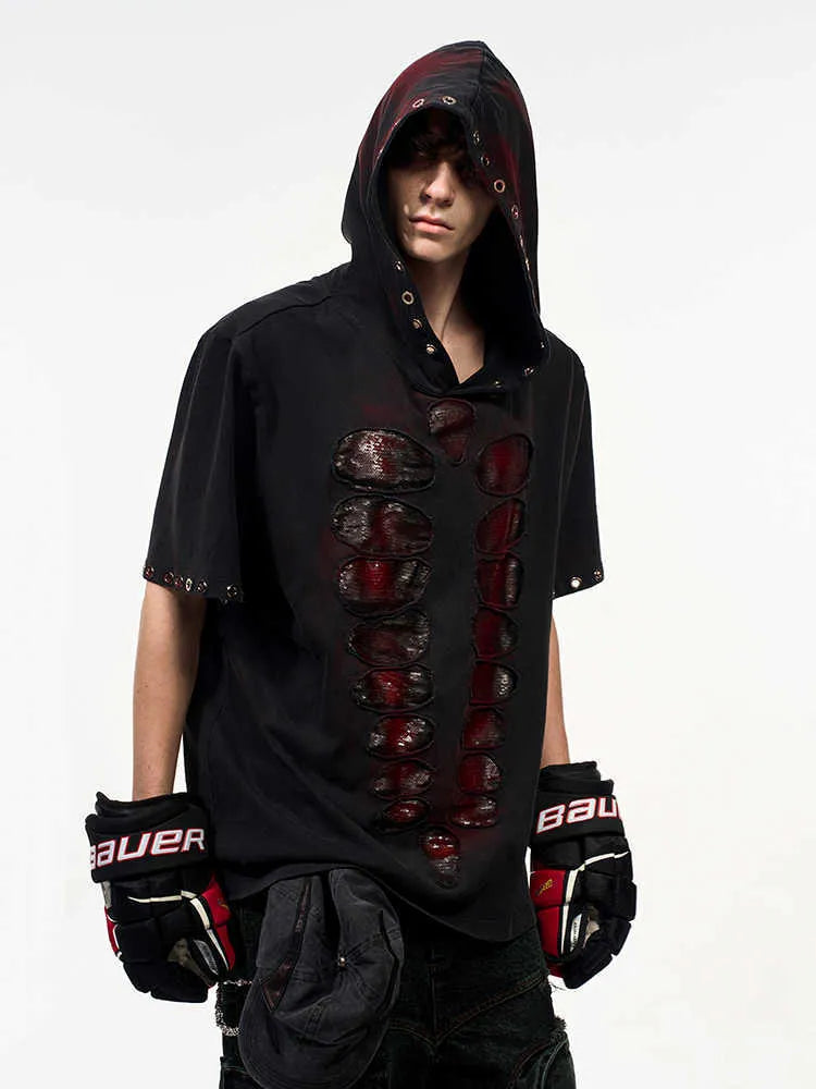 Black men's hooded short-sleeve t-shirt with all-over sequin coverage in loose fit