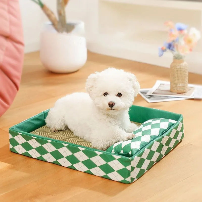 Rattan cat bed mat in blue colour showing size options for pet sleeping area
