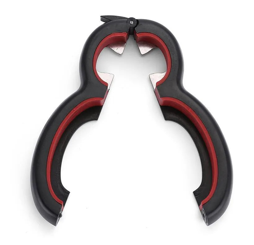 6-in-1 multifunctional can opener and bottle opener in grey on a kitchen worktop showing dual ring design