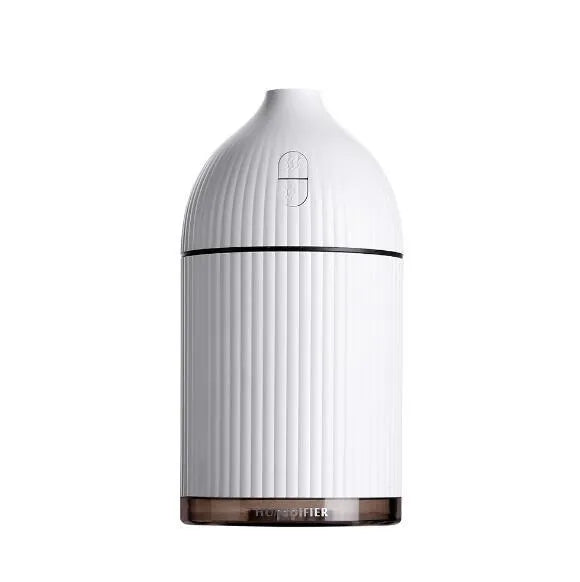 White ultrasonic essential oil diffuser and humidifier with LED light, 300ml capacity, USB cable