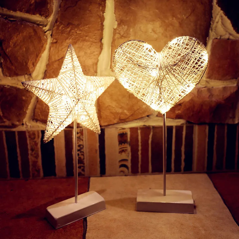 Rattan LED decorative light set showing star, heart and moon designs with copper wire details