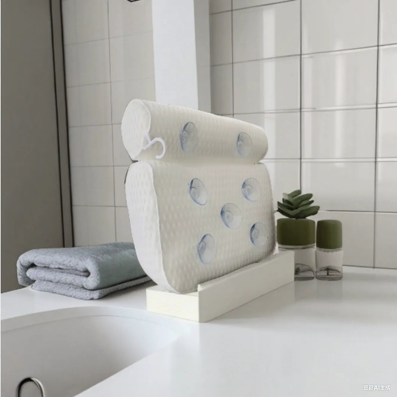 White bathtub pillow with 4D mesh fabric and 7 suction cups on a 3D material cover.