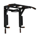 Black wall-mounted metal fitness rack with sandbag holder, parallel bars, and pull-up station.