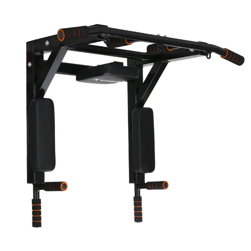 Black wall-mounted metal fitness rack with sandbag holder, parallel bars, and pull-up station.