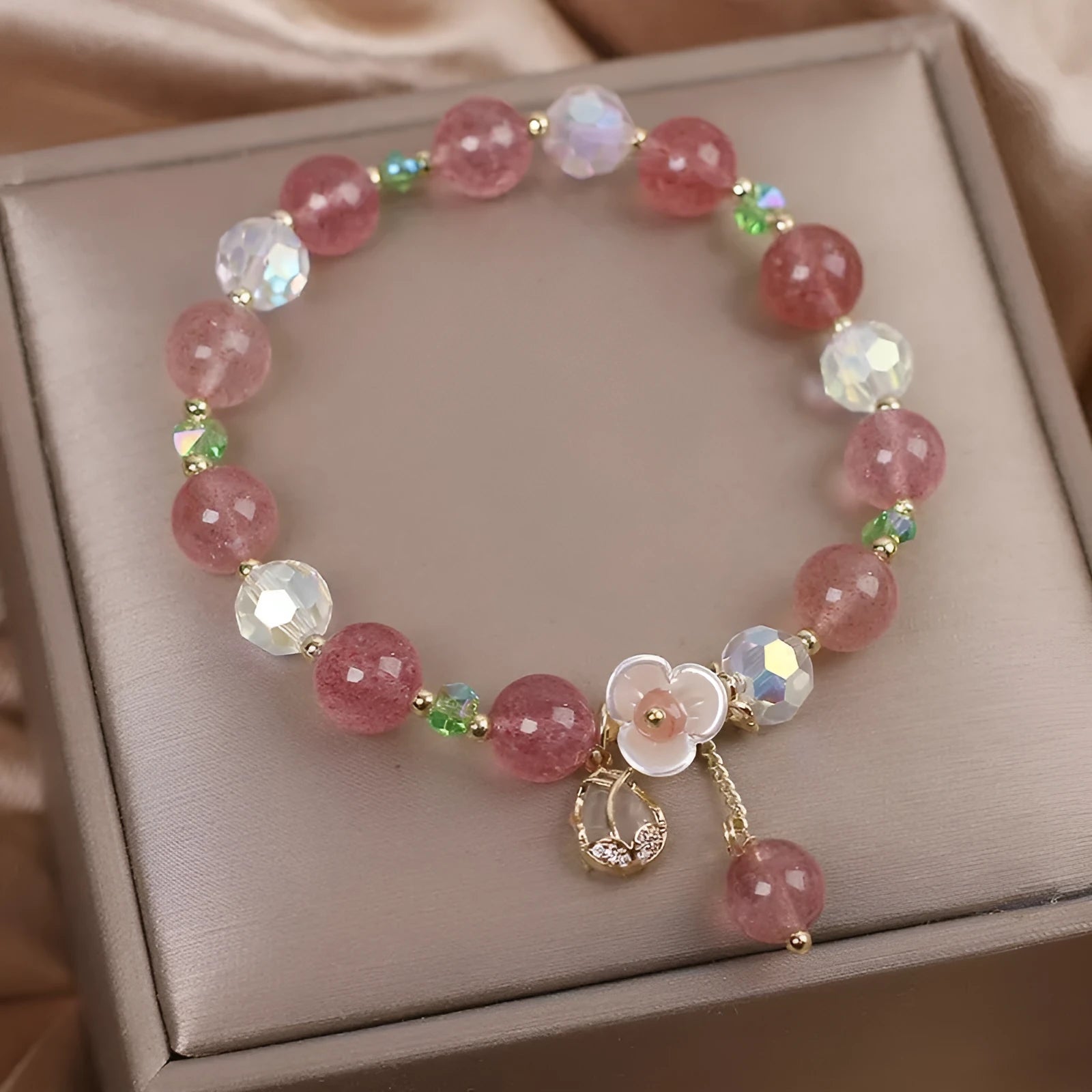 Women's double layer strawberry quartz bracelet with Lucky Cat charm in Red Cat's Eye Flowers colour