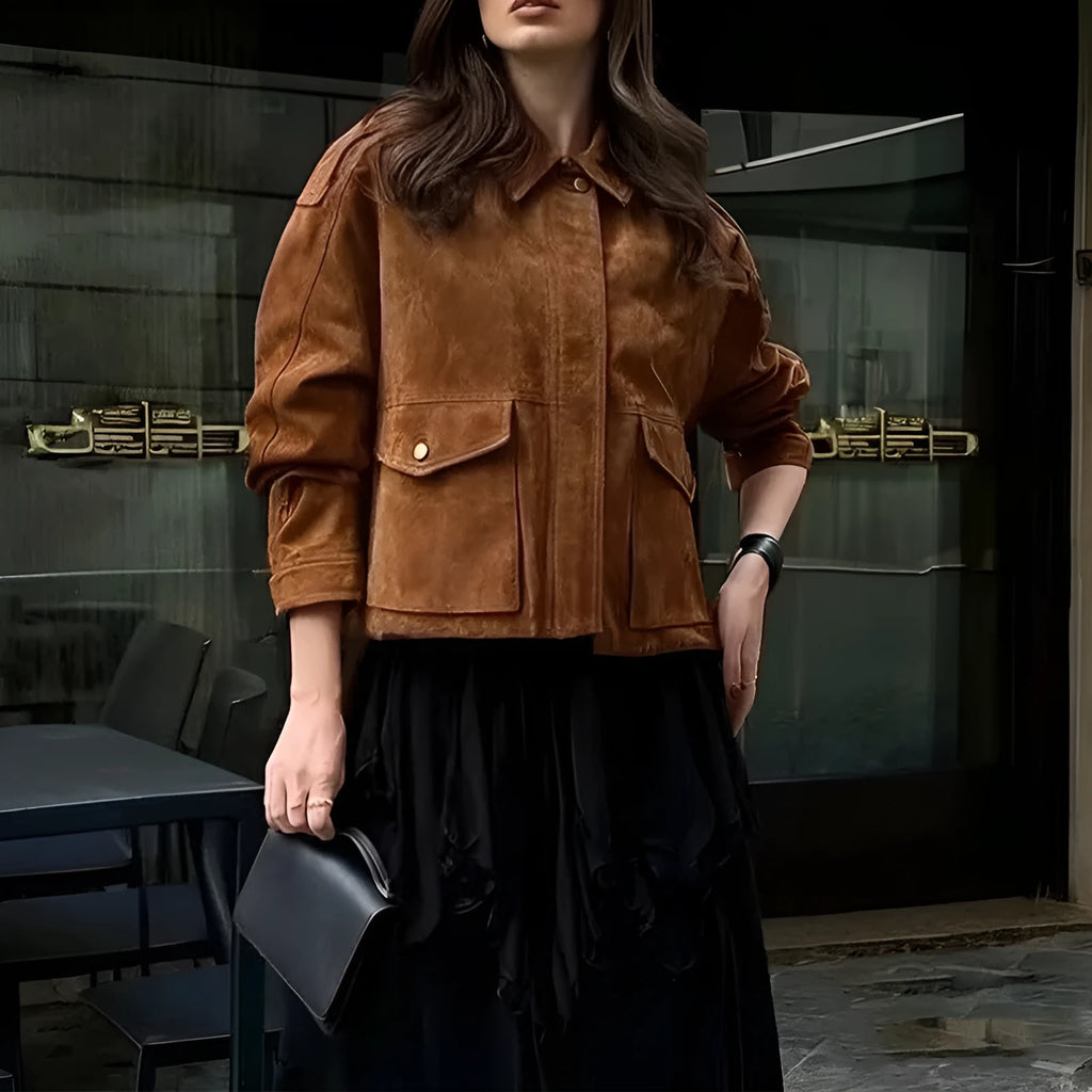 Women's brown suede-look street chic coat with regular sleeves in polyester fabric