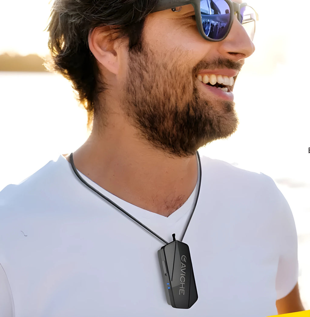 Black plastic air purifier necklace shown with dimensions of 80mm by 37mm by 24mm.