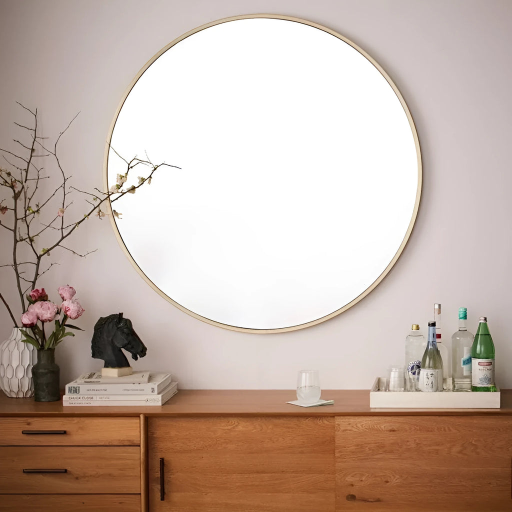 Round iron bathroom wall mirror in black finish, 30cm or 60cm diameter, hanging on a tiled wall for dressing and makeup use