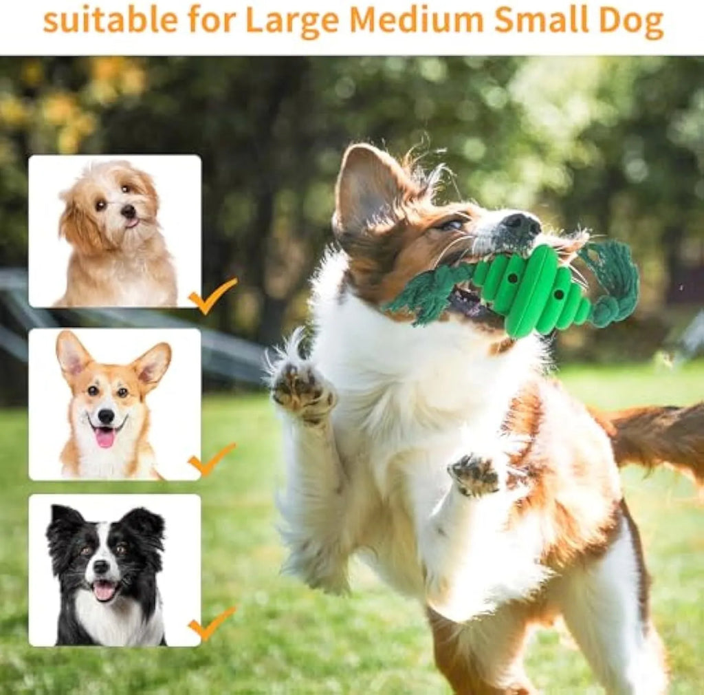 Green and yellow dog ball with rope toy for large breeds showing treat dispensing slot