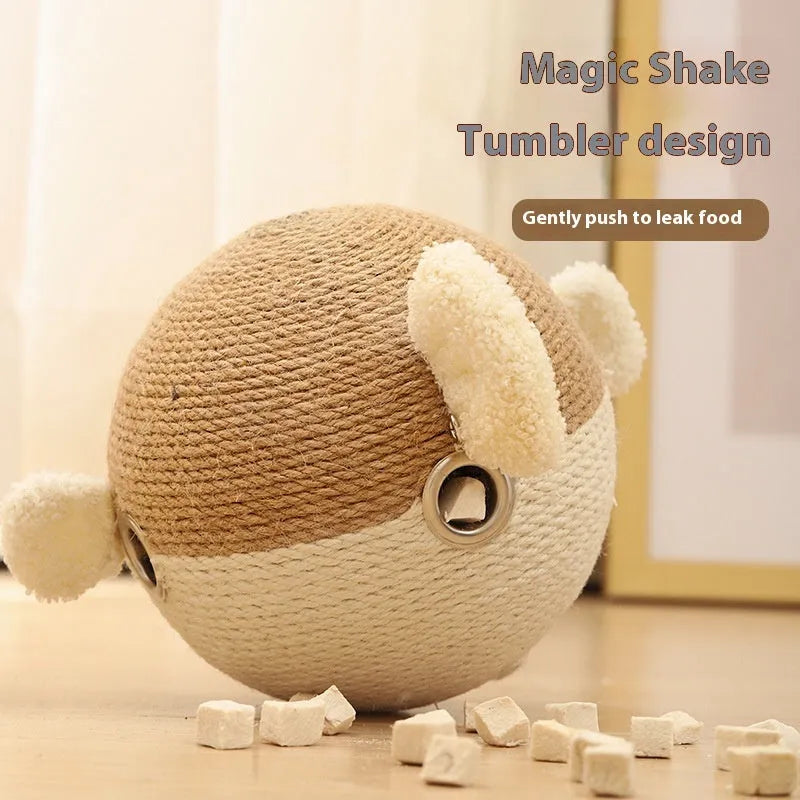 A 15cm cube-shaped pet toy made from natural sisal hemp strips with a puffer leakage food feeder design.