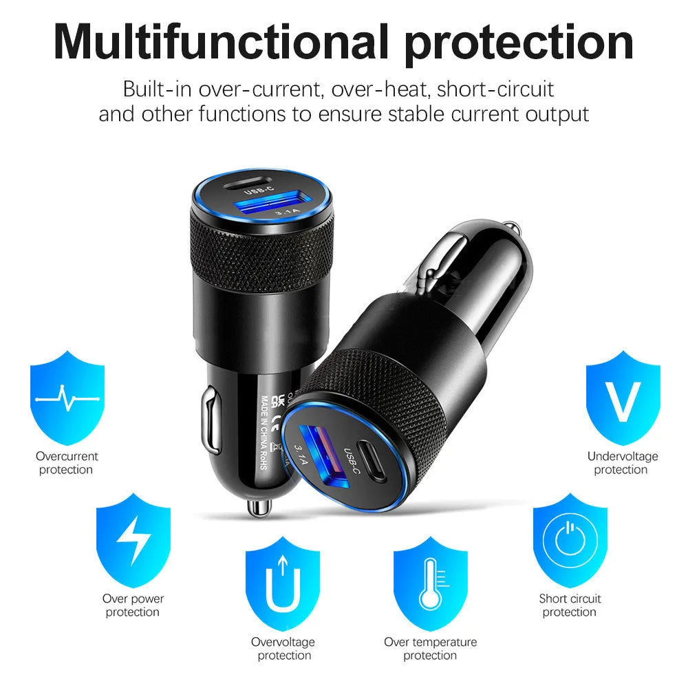 Aluminium alloy mobile phone car charger with 12V input, compact 2.5 x 6cm size, in All Black finish