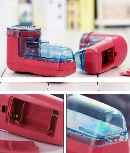 Handheld portable electric lint and pill remover for sweaters on a blue background.
