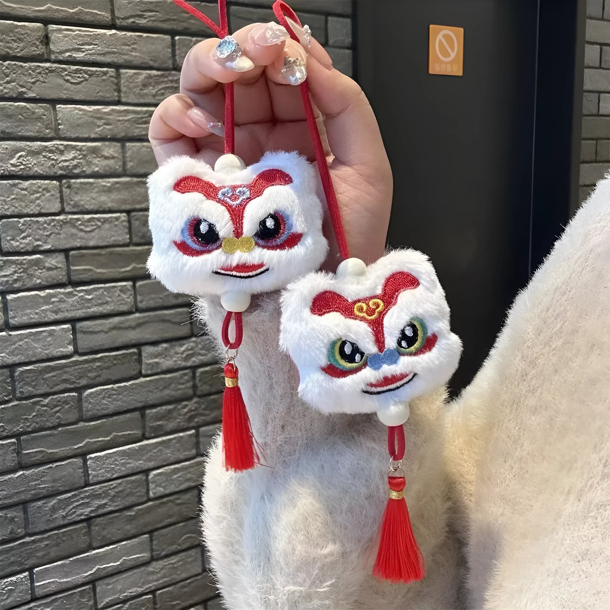 Handmade Chinese style plush lion tassel keychain ornament with Star Stone details in blue or yellow colour
