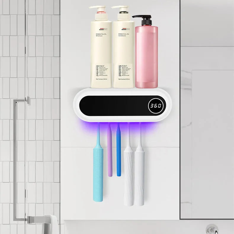 Ivory white wall mounted UV toothbrush sterilizer holder with digital display and 5 toothbrush slots