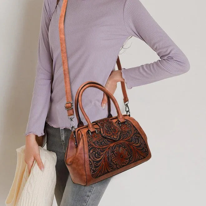 Handmade carved one-shoulder PU women's bag in beige with pillow shape and sandwich pocket