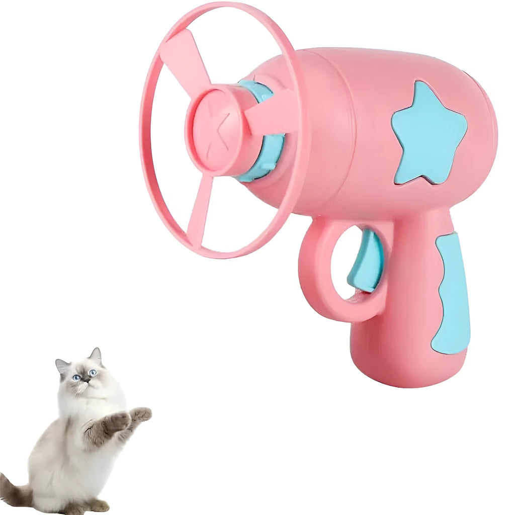 Blue cat toy gun with flying Frisbee for indoor feline hunting simulation games