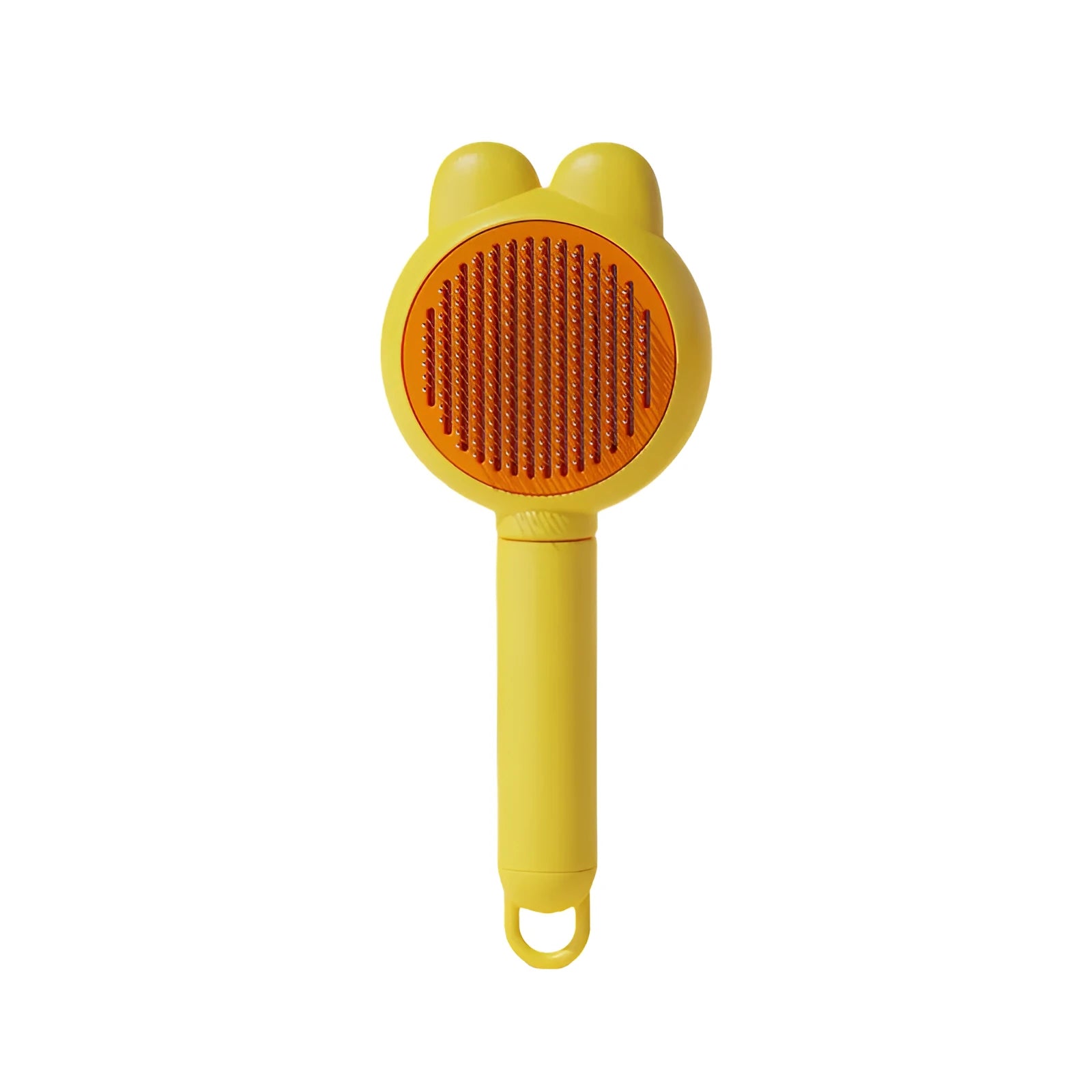 Green self-cleaning pet brush with metal comb and release button on a non-slip handle.