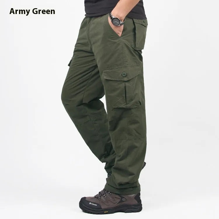 Men's thick khaki-coloured cotton overalls with a wool lining, shown with a loose straight-leg fit.