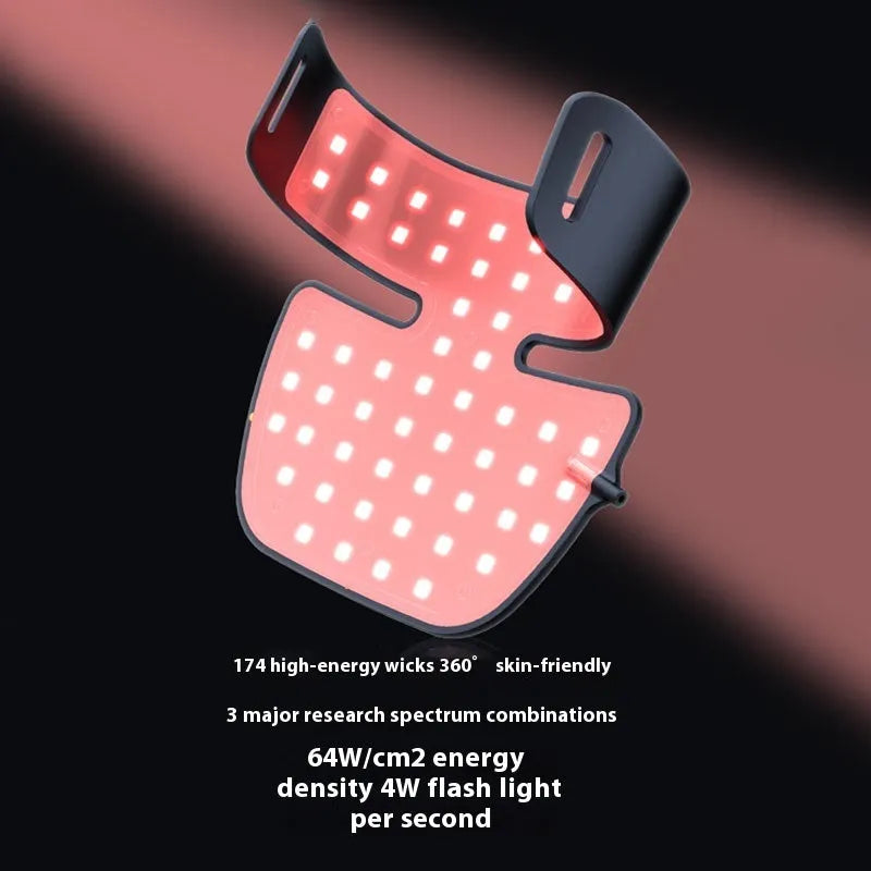 Black photon therapy LED mask with neck treatment panel and four-colour light therapy system
