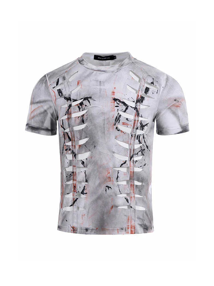 Men's white cut hollow-out tight short T-shirt with stretch short sleeves and round neck on a person