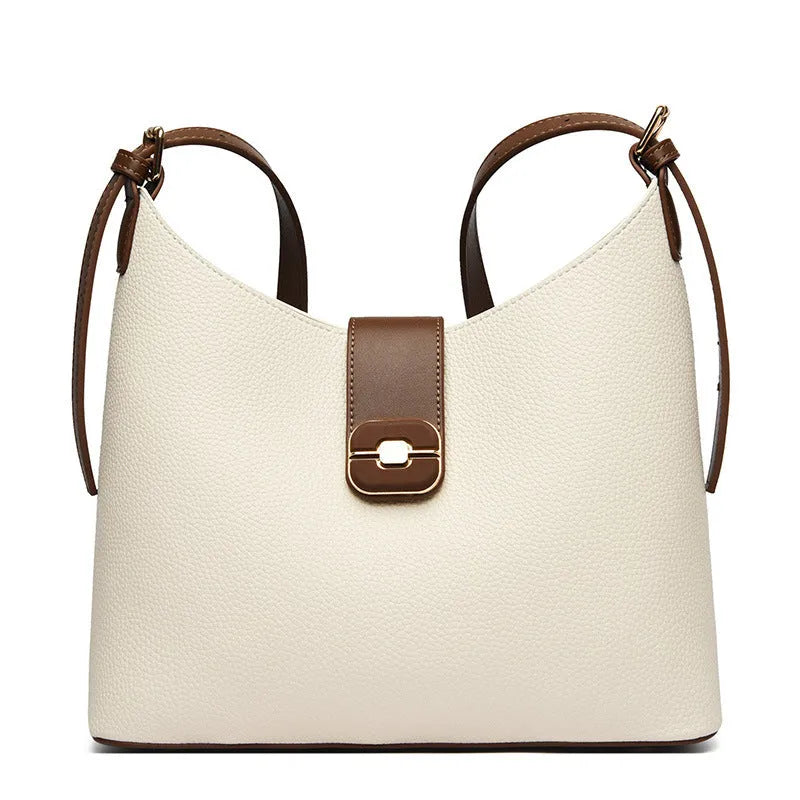 All-matching simple large-capacity bucket bag in black, urban simplicity style with stitching and lock detail
