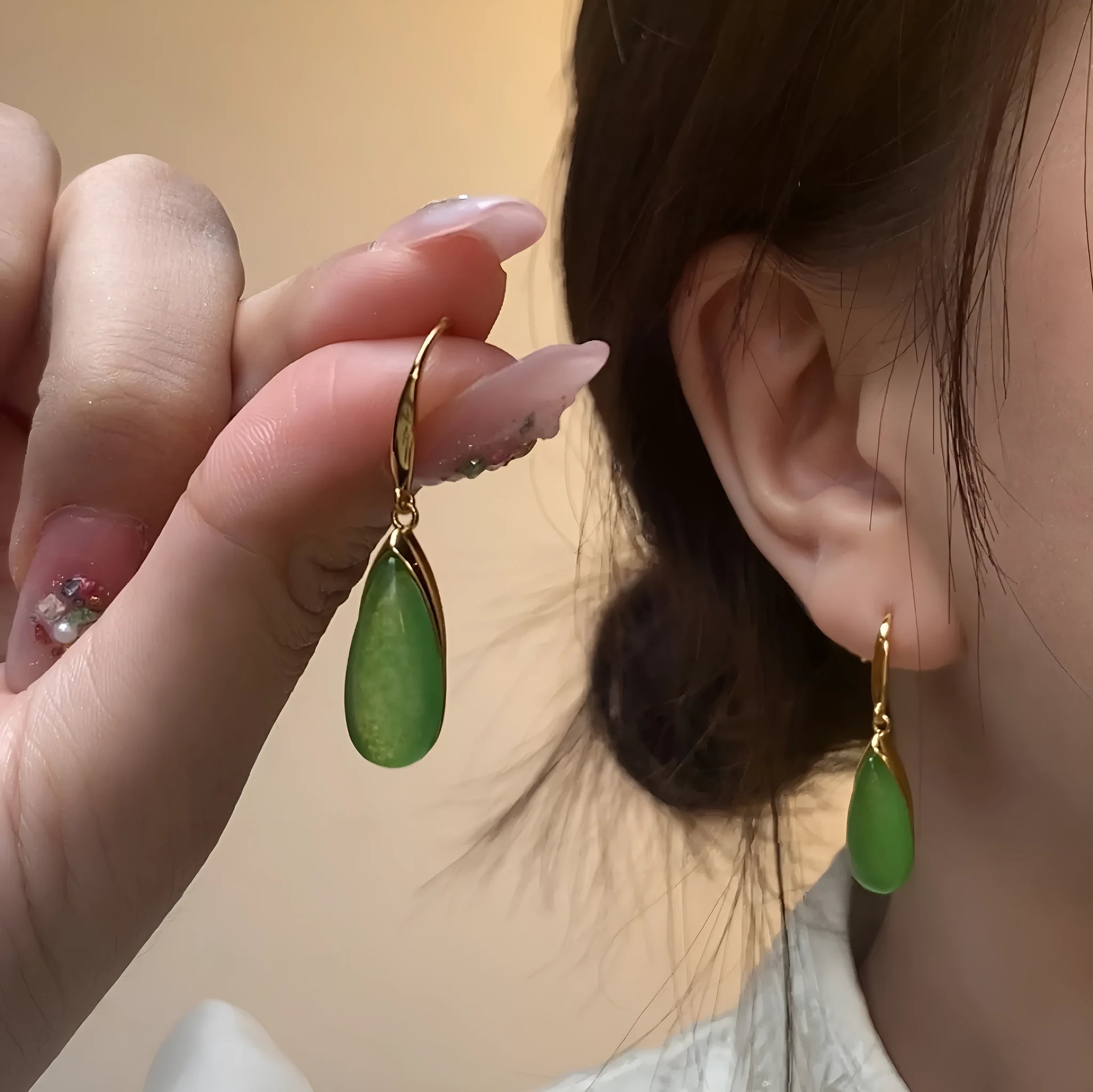 Chinese retro geometric earrings with water droplet elements in jade CP798 colour