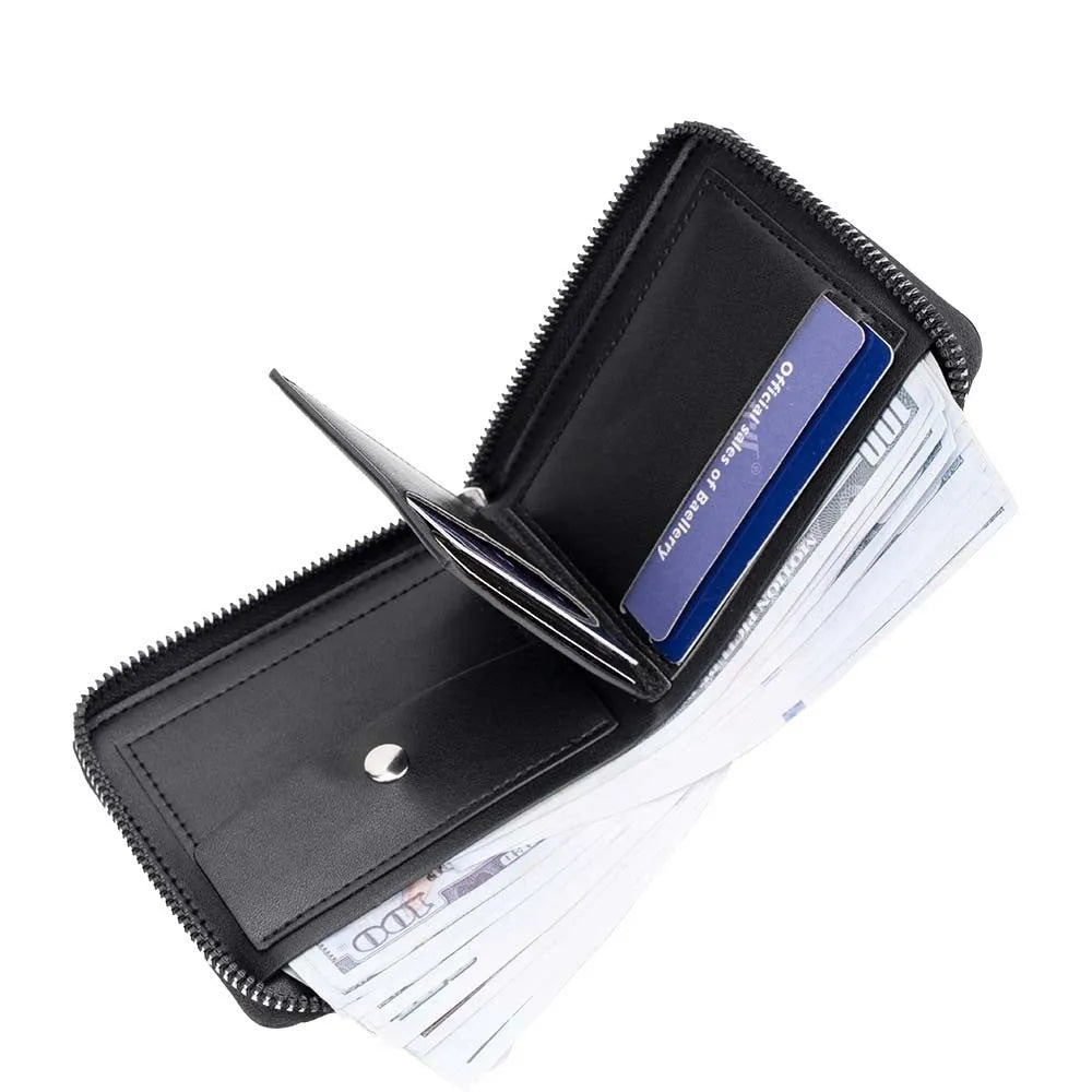 Solid colour PU anti-theft zipper wallet with embossed pattern in black