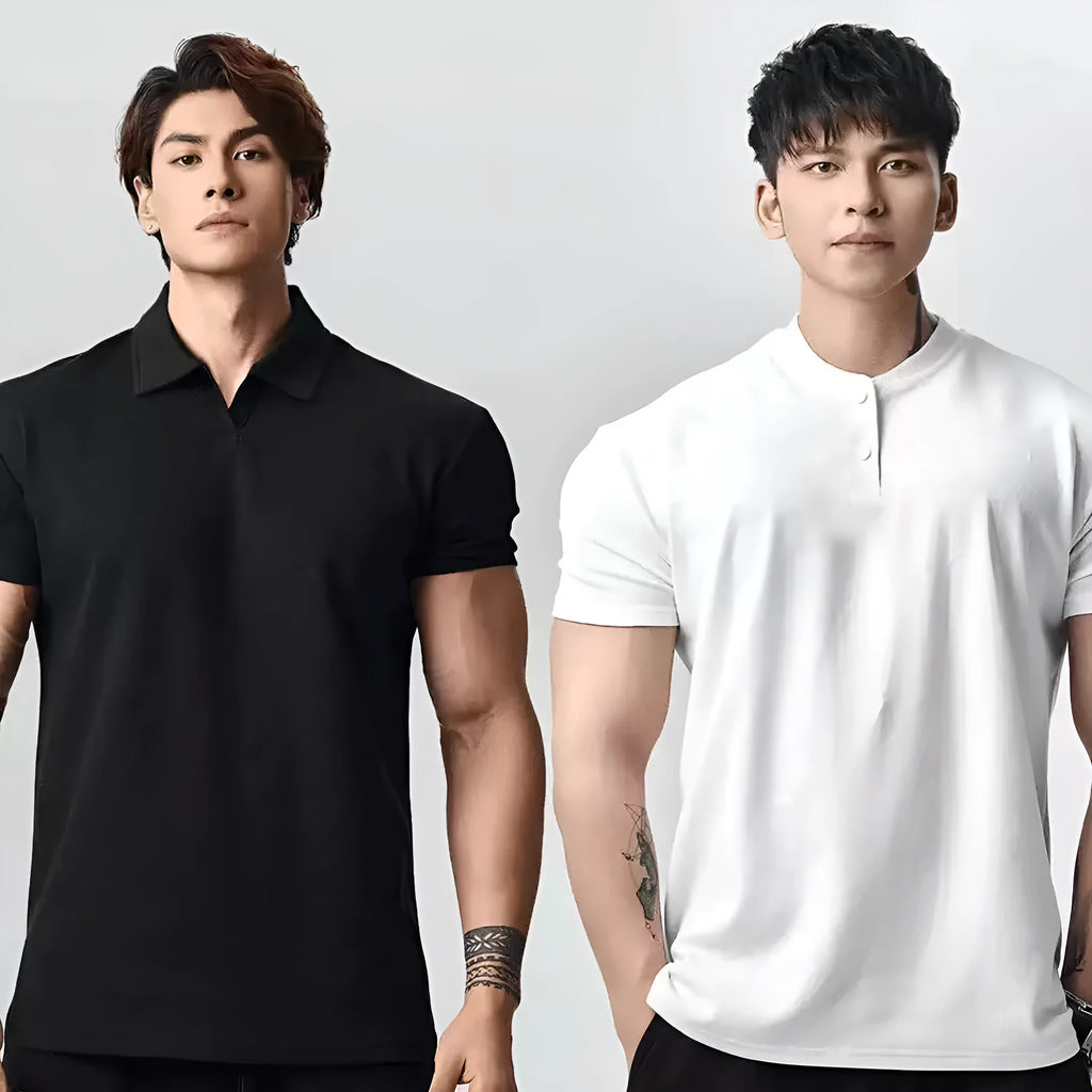 Retro fashion brand all-match casual t-shirt for men solid colour Henry collar loose fit pullover top polyester