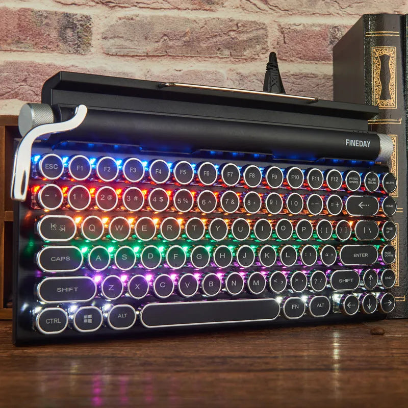 Black retro mechanical keyboard with backlit keys and Bluetooth wireless connectivity